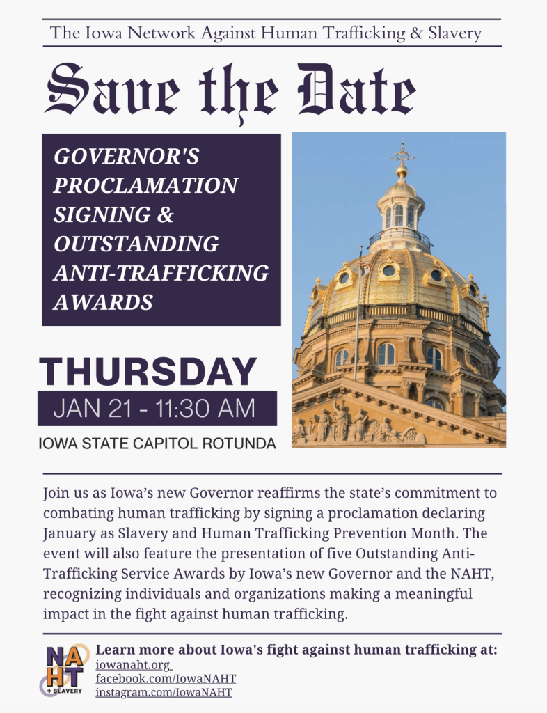 Save the date flier for January 21, 2027 Governor’s Proclamation and Outstanding Anti-Trafficking Awards